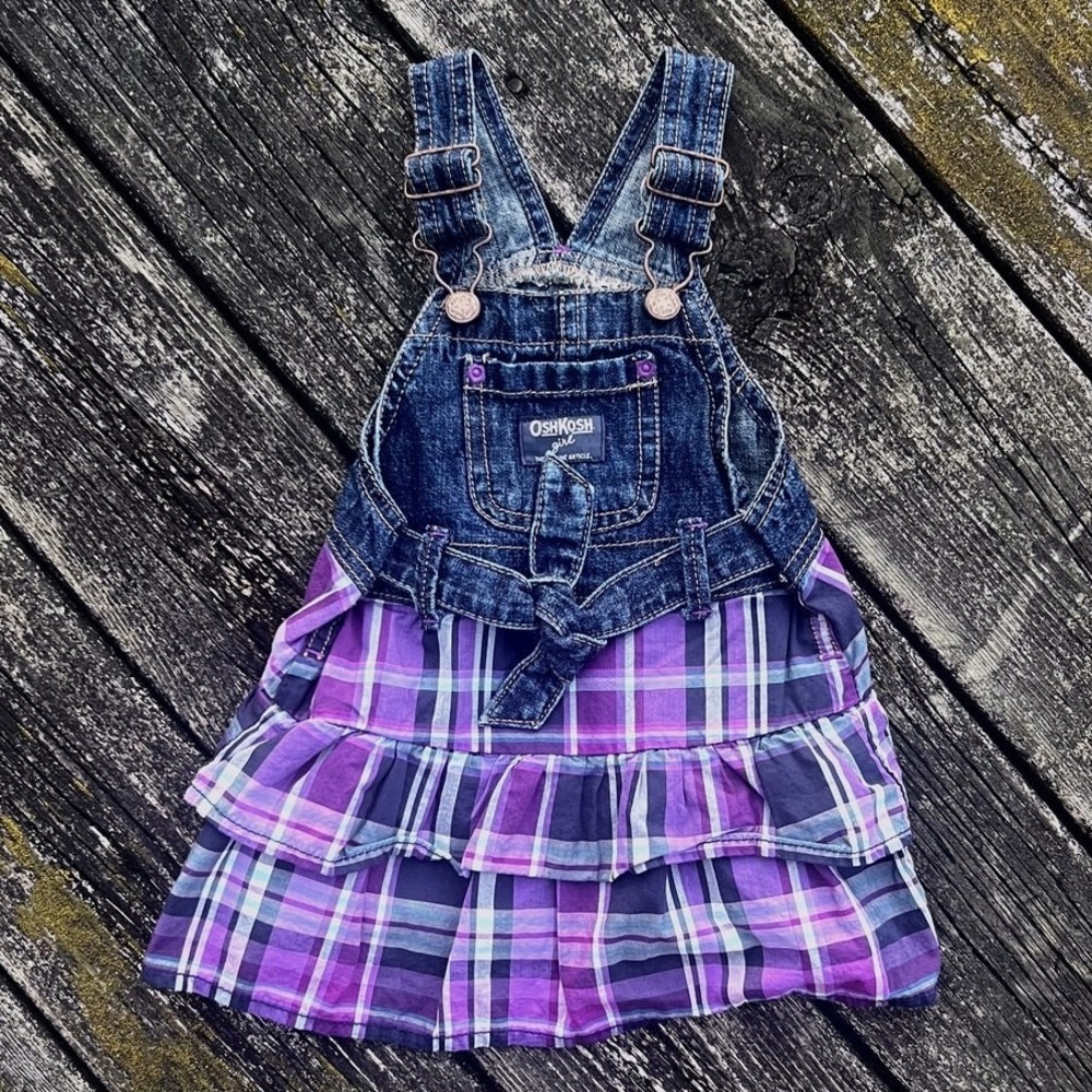 OshKosh B'gosh Overall Dress Kids 18 Months Purple Plaid Denim EUC‎